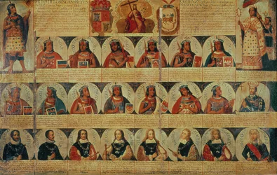 Släktforskning över inkahärskarna och deras spanska efterträdare från Manco Capac, den första inkakungen, till Ferdinand VI av Spanien, ca 1750 (panel)